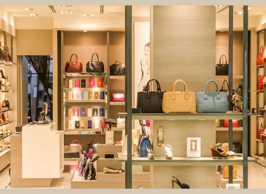 Expositor de bolsos para tienda de ropa femenina y accesorios